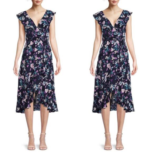 Socialite Navy Floral Ruffle Print Wrap Midi Dress - Picture 1 of 9